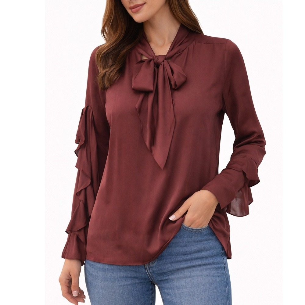 All In Favor Burgundy Satin Tie Neck Blouse Ruffle Sleeve‎ Romantic M Silky